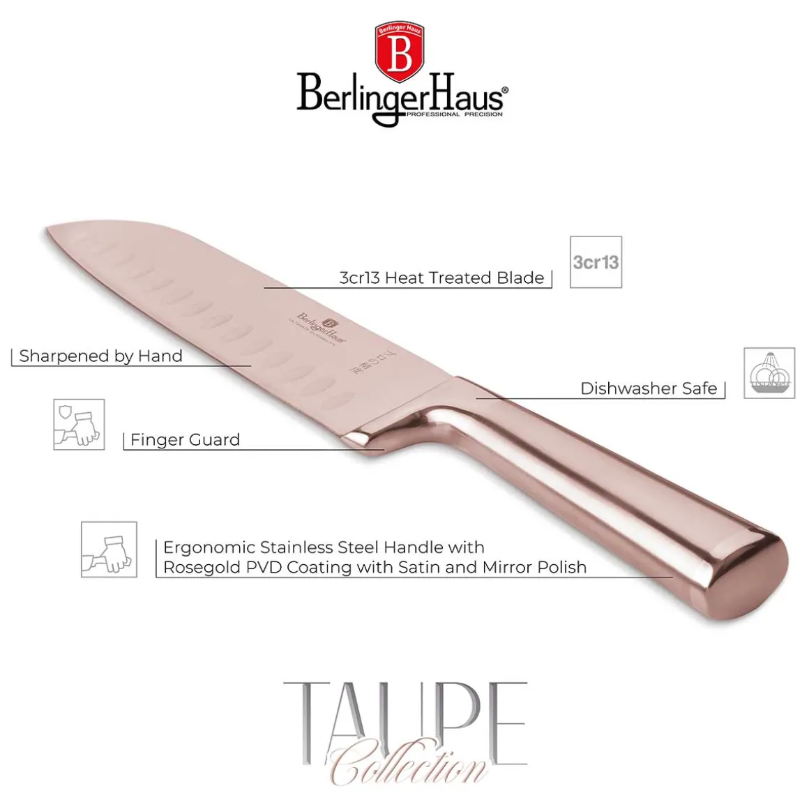STALOWY NÓŻ SANTOKU BERLINGER HAUS 17,5cm BH-2935 ROSE GOLD