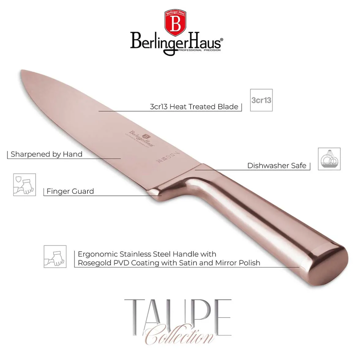 STALOWY NÓŻ SZEFA KUCHNI BERLINGER HAUS 22cm BH-2934 ROSE GOLD