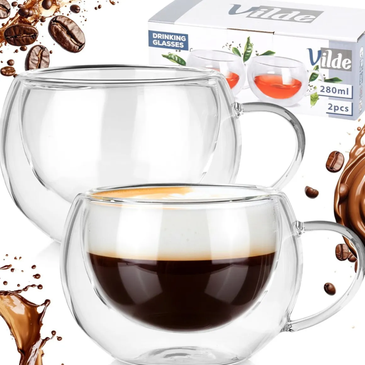 SZKLANKI TERMICZNE 2szt. 280ml Z PODWÓJNĄ SCIANKĄ DO KAWY HERBATY 139818