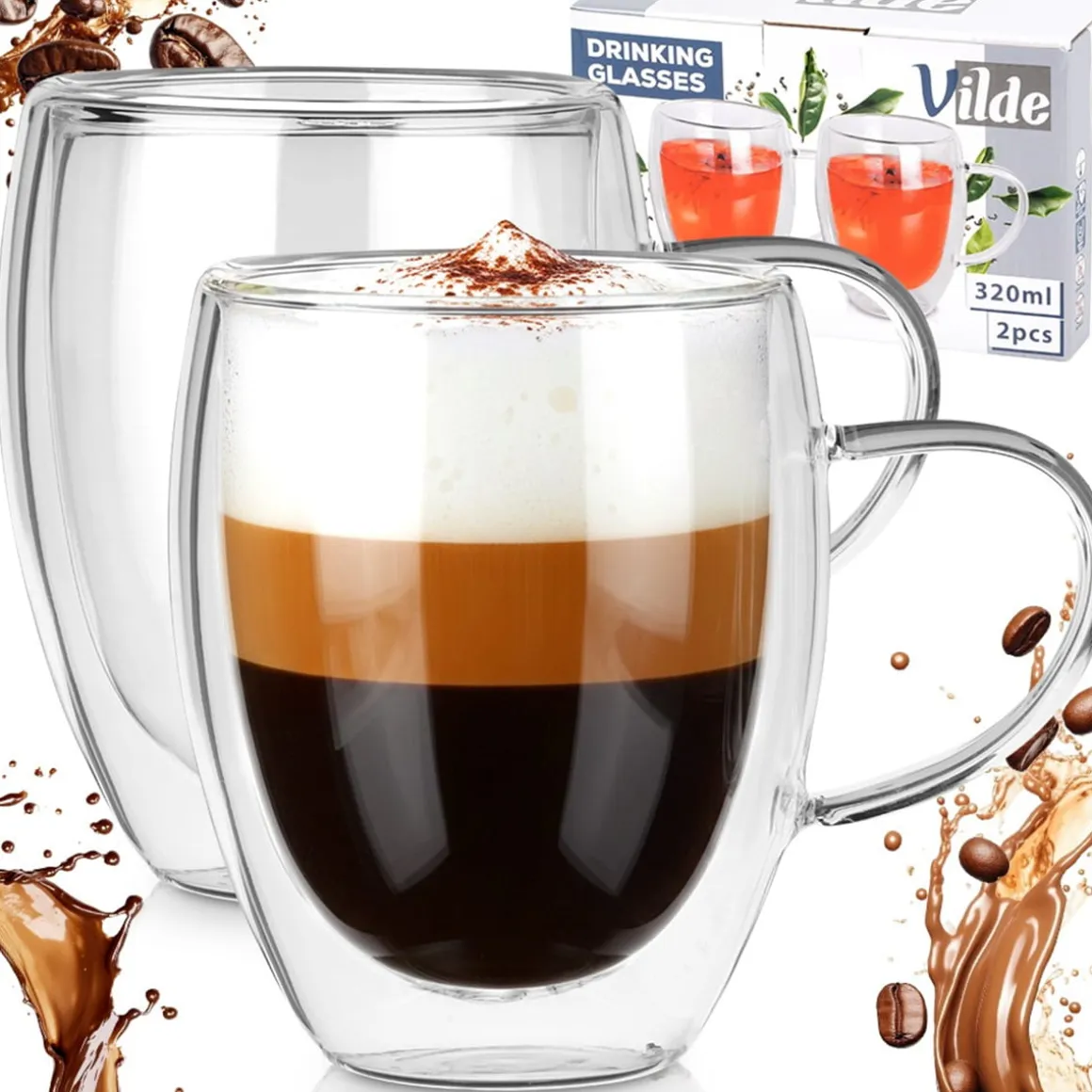 SZKLANKI TERMICZNE 2szt. 320ml Z PODWÓJNĄ SCIANKĄ DO KAWY HERBATY 139821