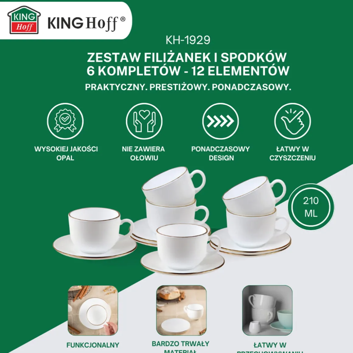 ZESTAW KAWOWY 6 FILIŻANEK ZE SPODECZKAMI KINGHOFF OPAL KH-1929