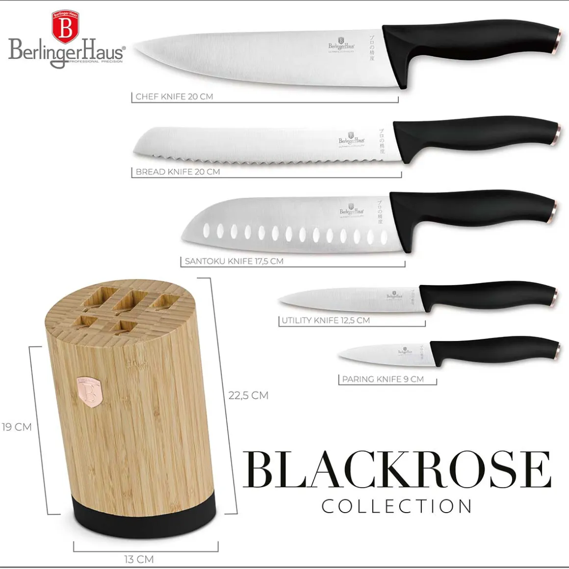 ZESTAW NOŻY BERLINGER HAUS BH-2752 BLACK ROSE W BLOKU BAMBUSOWYM