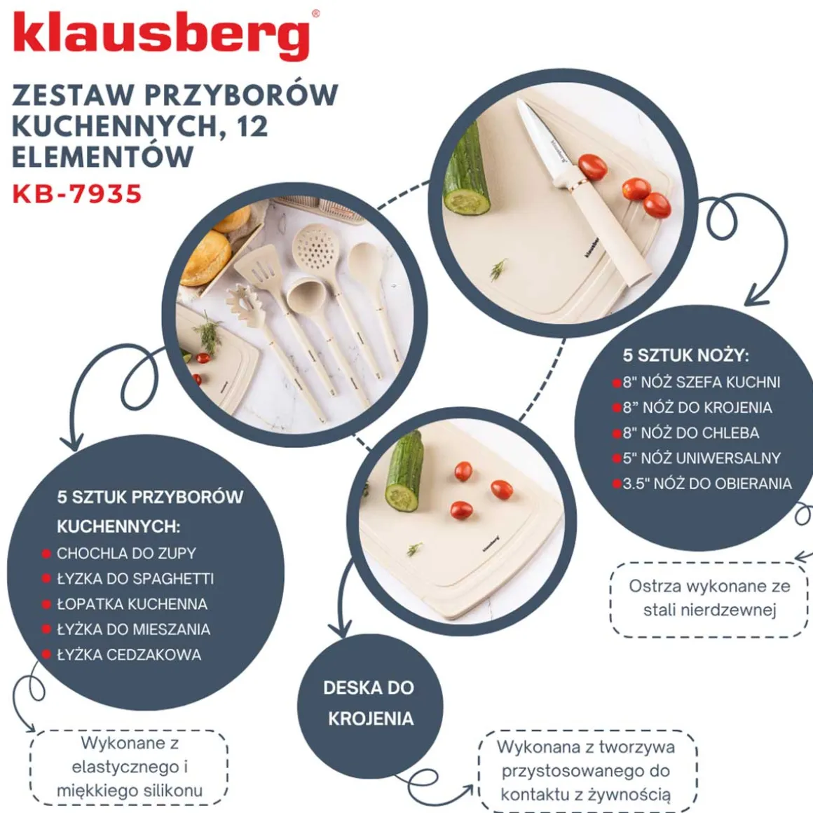 ZESTAW NOŻY I PRZYBORÓW KUCHENNYCH Z DESKĄ W STOJAKU KLAUSBERG KB-7935