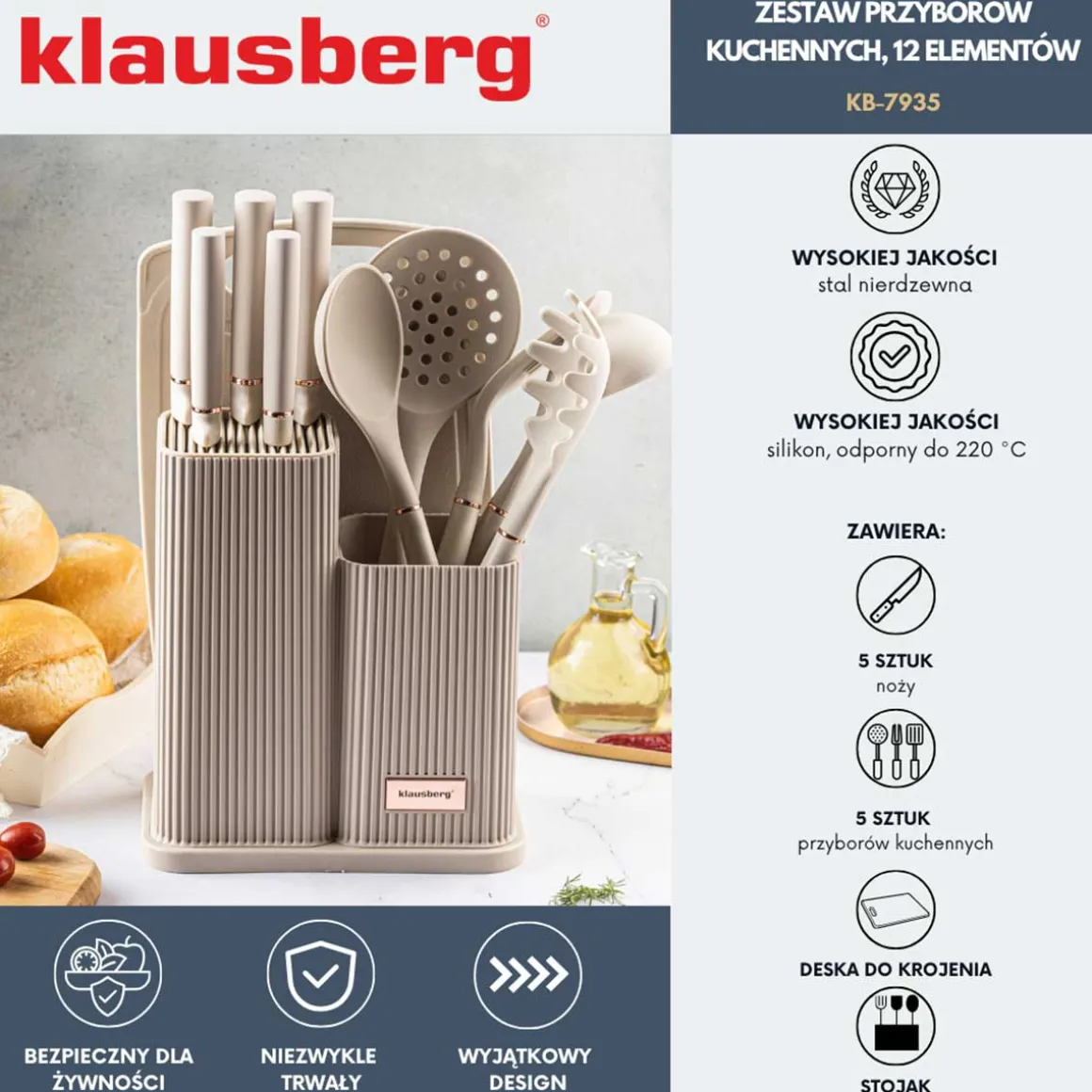 ZESTAW NOŻY I PRZYBORÓW KUCHENNYCH Z DESKĄ W STOJAKU KLAUSBERG KB-7935