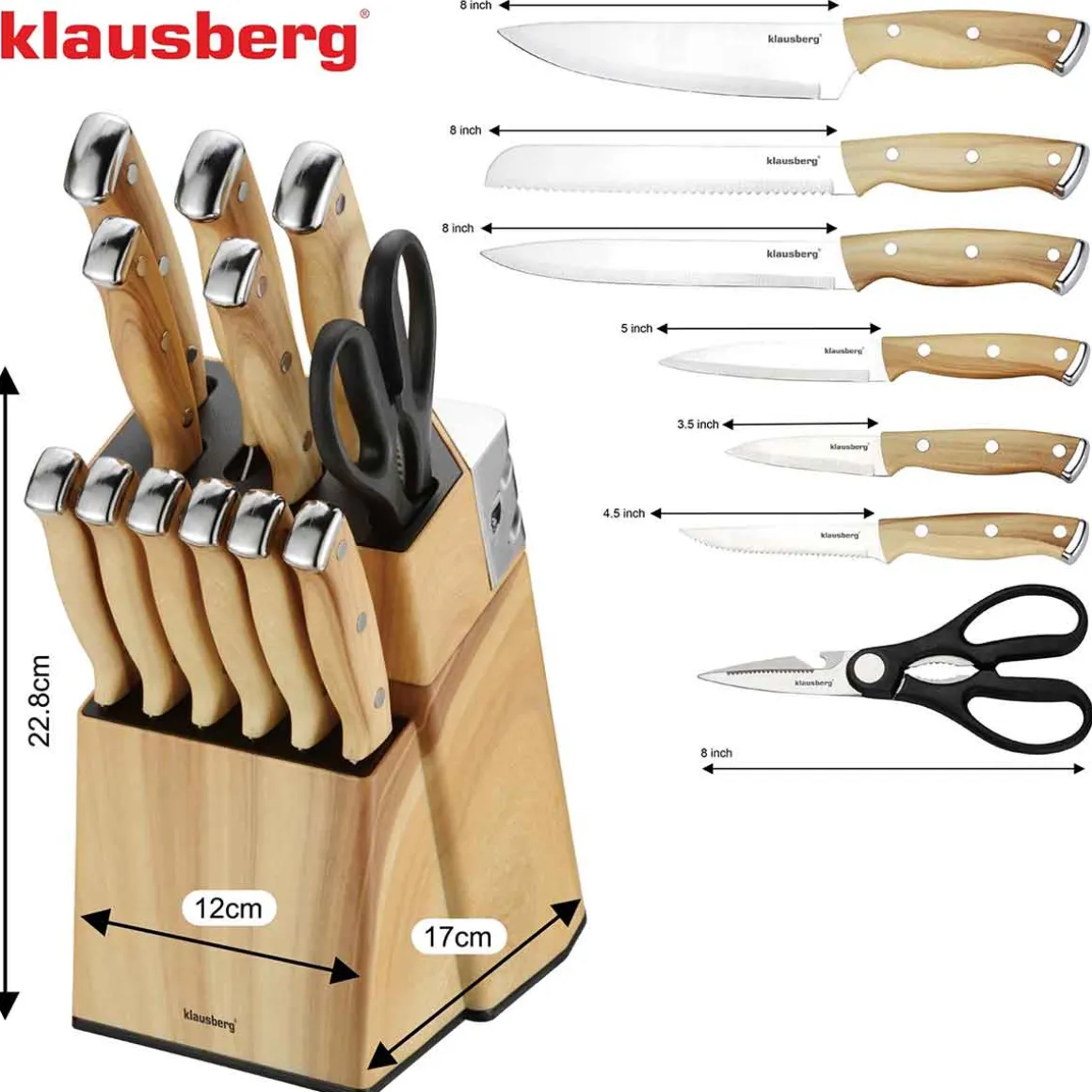 ZESTAW NOŻY KUCHENNYCH I DO STEKÓW W BLOKU KLAUSBERG KB-9038