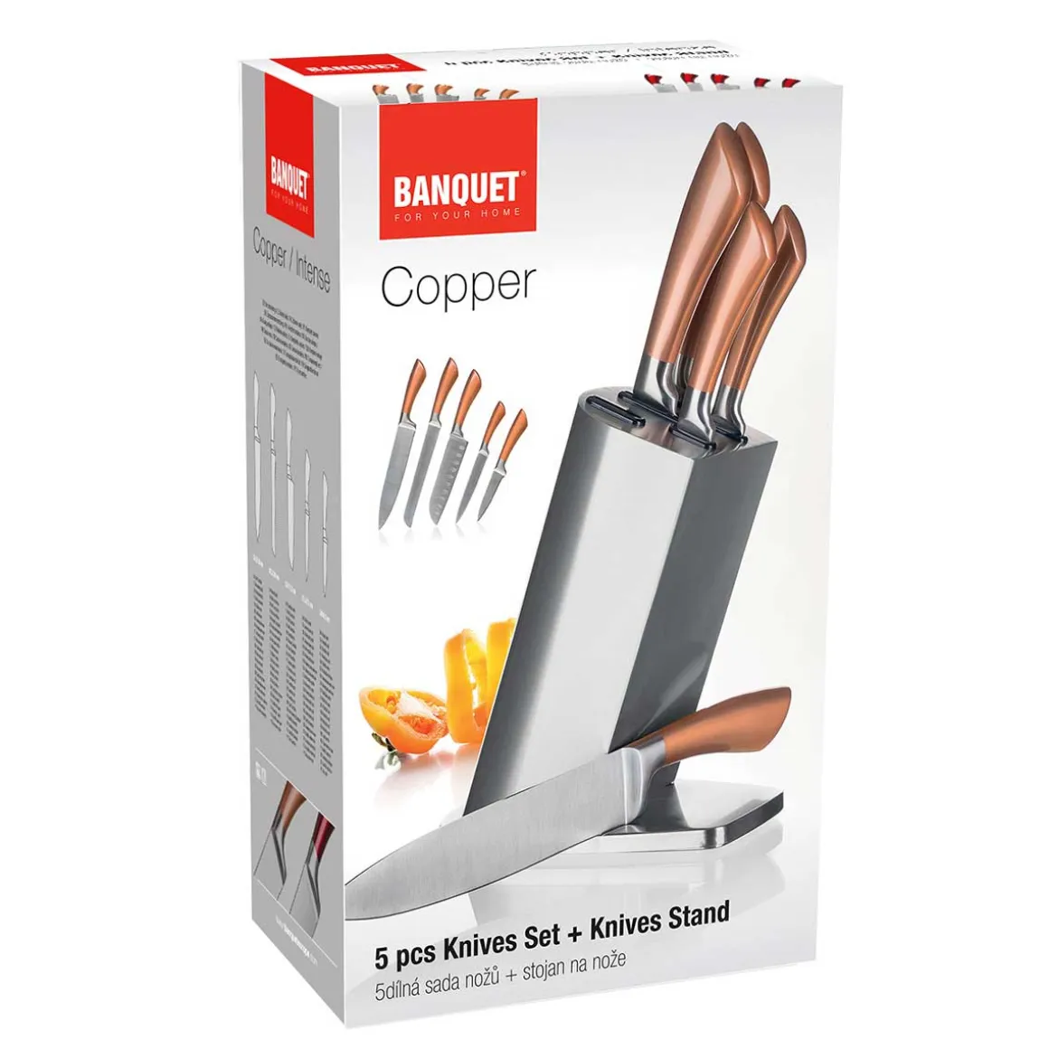 ZESTAW 5 NOŻY KUCHENNYCH W STOJAKU BANQUET COPPER