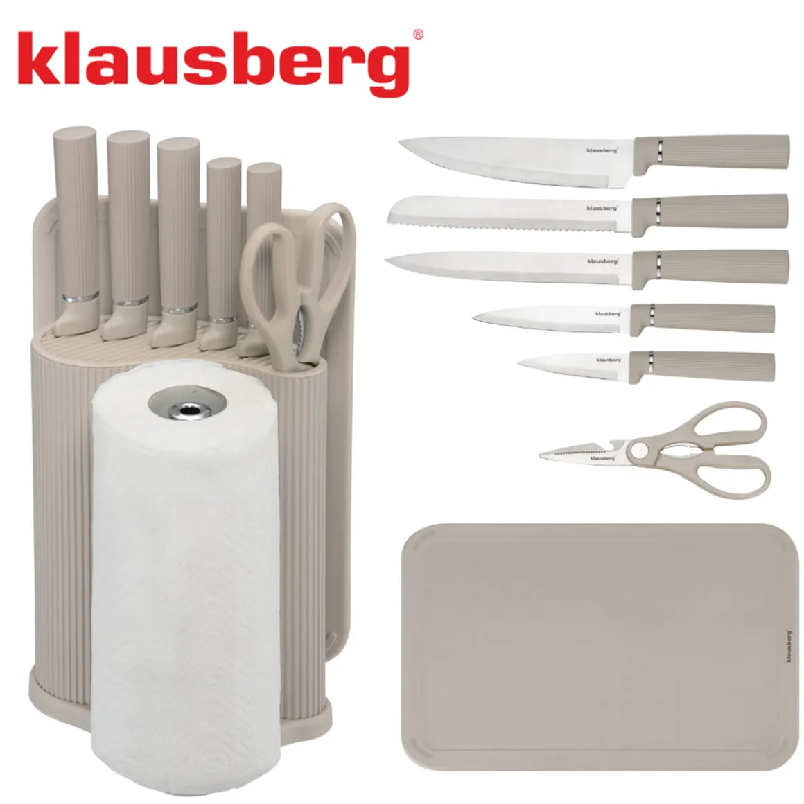 ZESTAW NOŻY W STOJAKU Z DESKĄ I CHWYTEM NA RĘCZNIK KLAUSBERG KB-7978