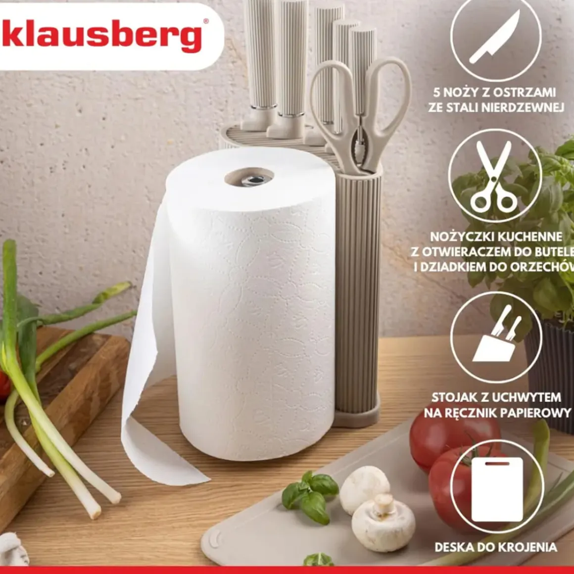 ZESTAW NOŻY W STOJAKU Z DESKĄ I CHWYTEM NA RĘCZNIK KLAUSBERG KB-7978