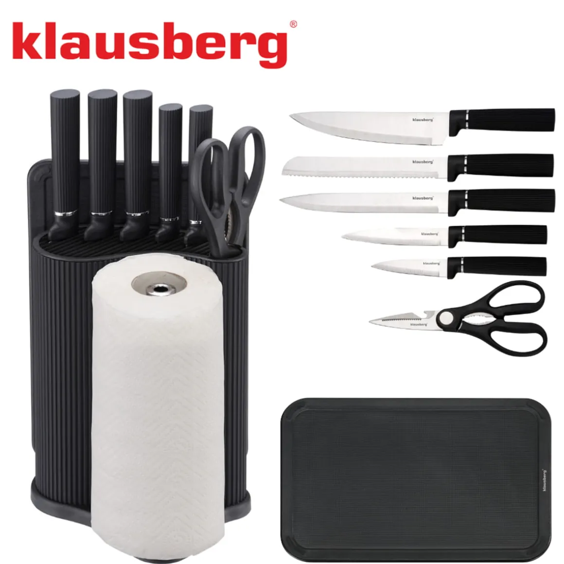 ZESTAW NOŻY W STOJAKU Z DESKĄ I CHWYTEM NA RĘCZNIK KLAUSBERG KB-7977