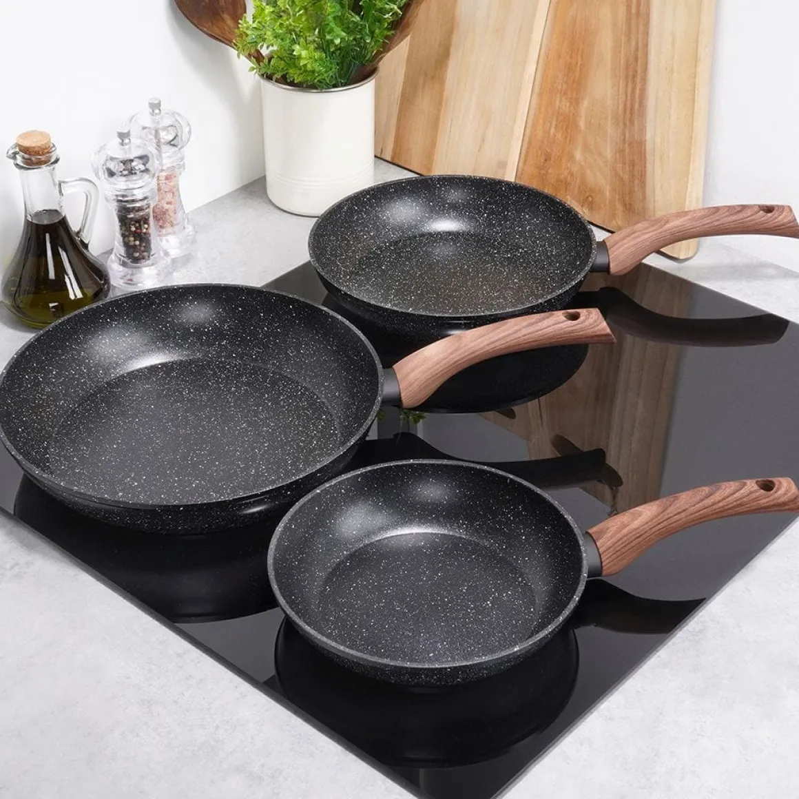 ZESTAW 3 PATELNI GRANITOWYCH BLACK&WOOD 20/24/28 cm 199011