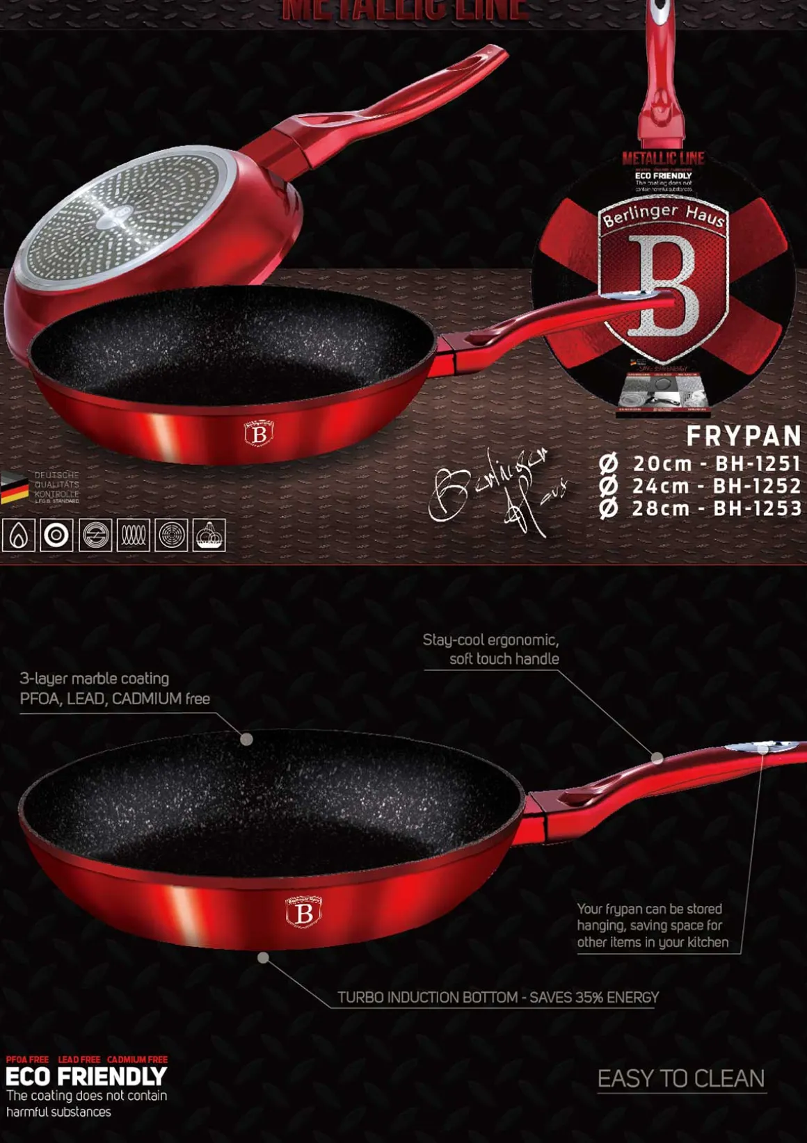 ZESTAW 3 PATELNI GRANITOWYCH BERLINGERHAUS RED METALLIC LINE BH-1288