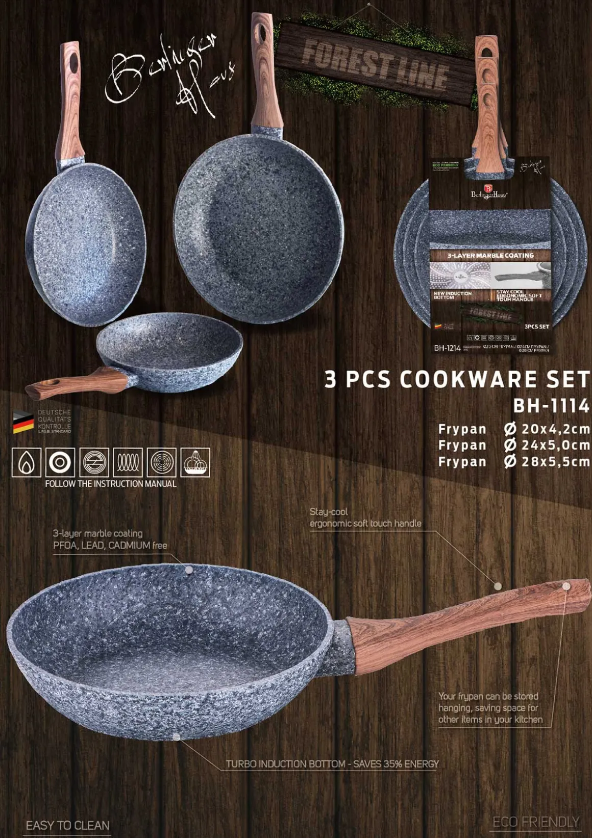 ZESTAW 3 PATELNI GRANITOWYCH BERLINGERHAUS FOREST LINE BH-1215