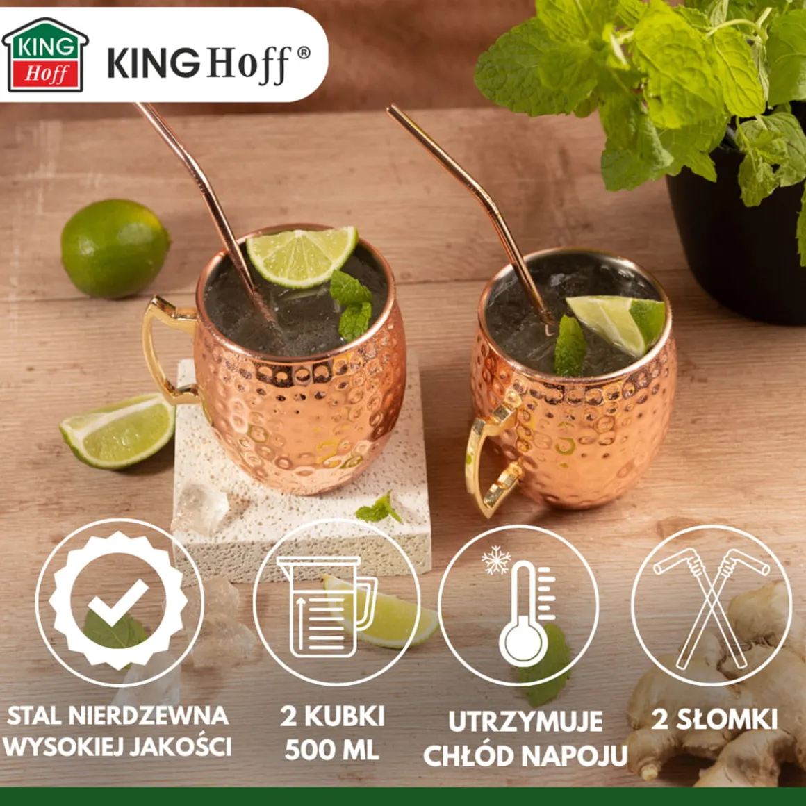 ZESTAW STALOWYCH KUBKÓW 500ml DO DRINKÓW MOSCOW MULE KINGHOFF KH-2000