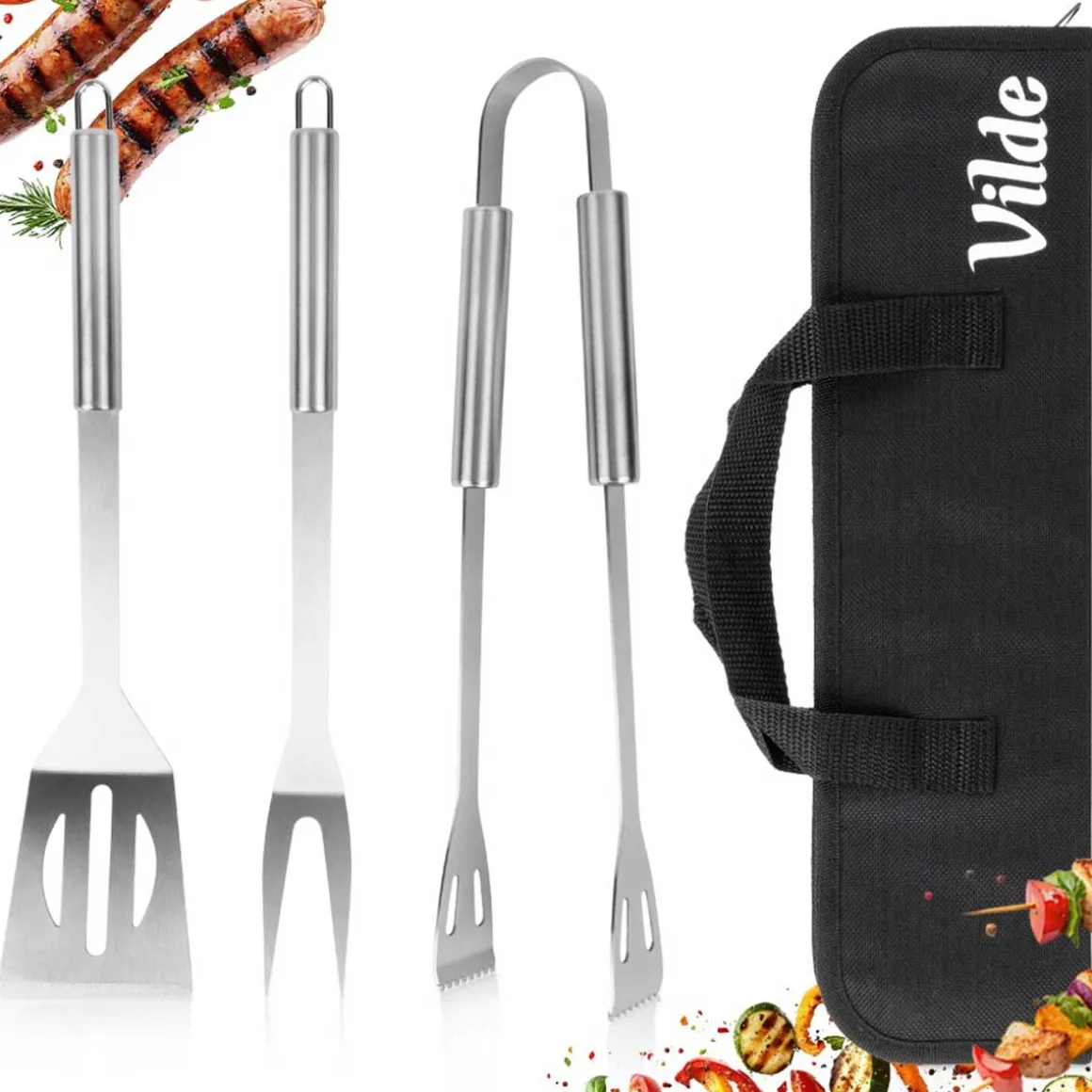 ZESTAW 3 STALOWYCH PRZYBORÓW DO GRILLA W ETUI 489424