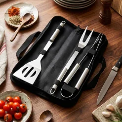 ZESTAW 3 STALOWYCH PRZYBORÓW DO GRILLA W ETUI 489424