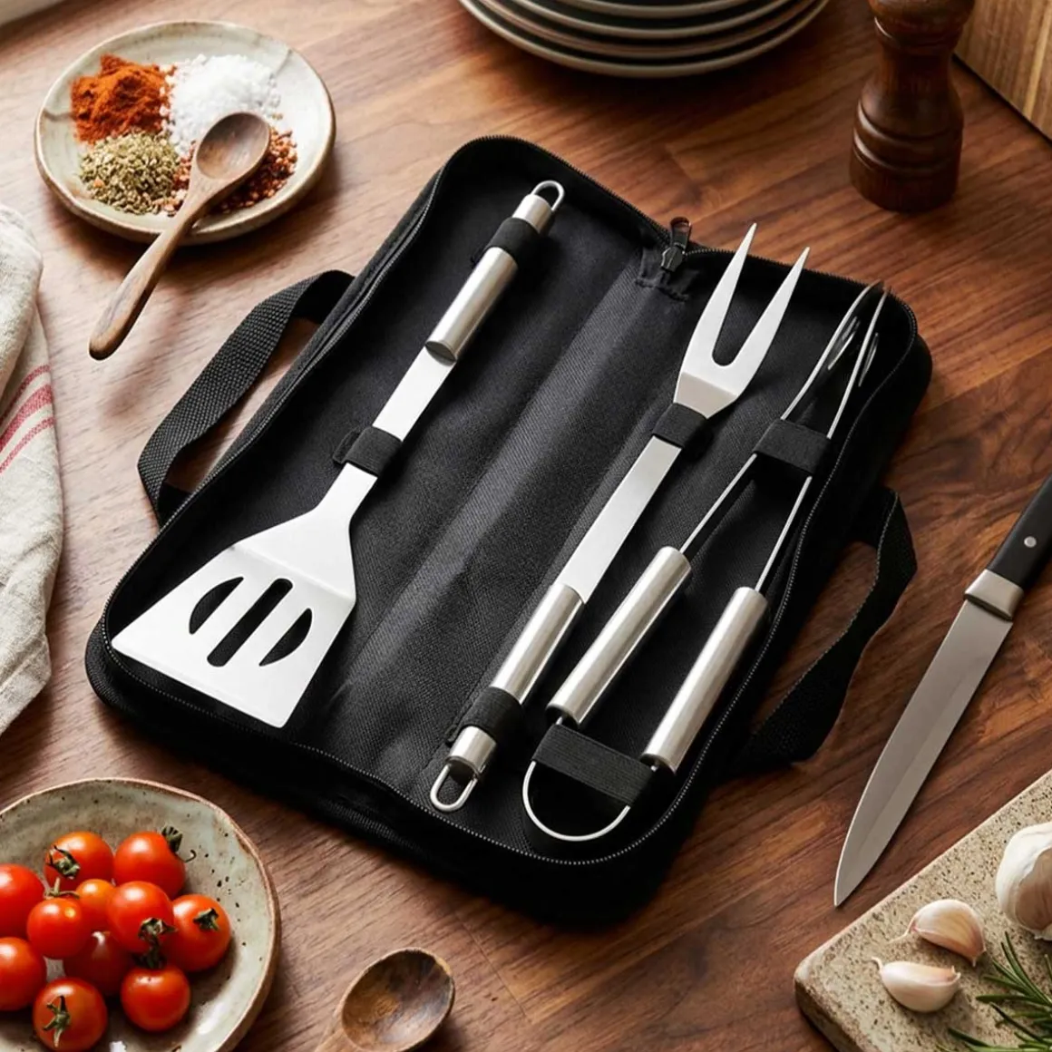 ZESTAW 3 STALOWYCH PRZYBORÓW DO GRILLA W ETUI 489424