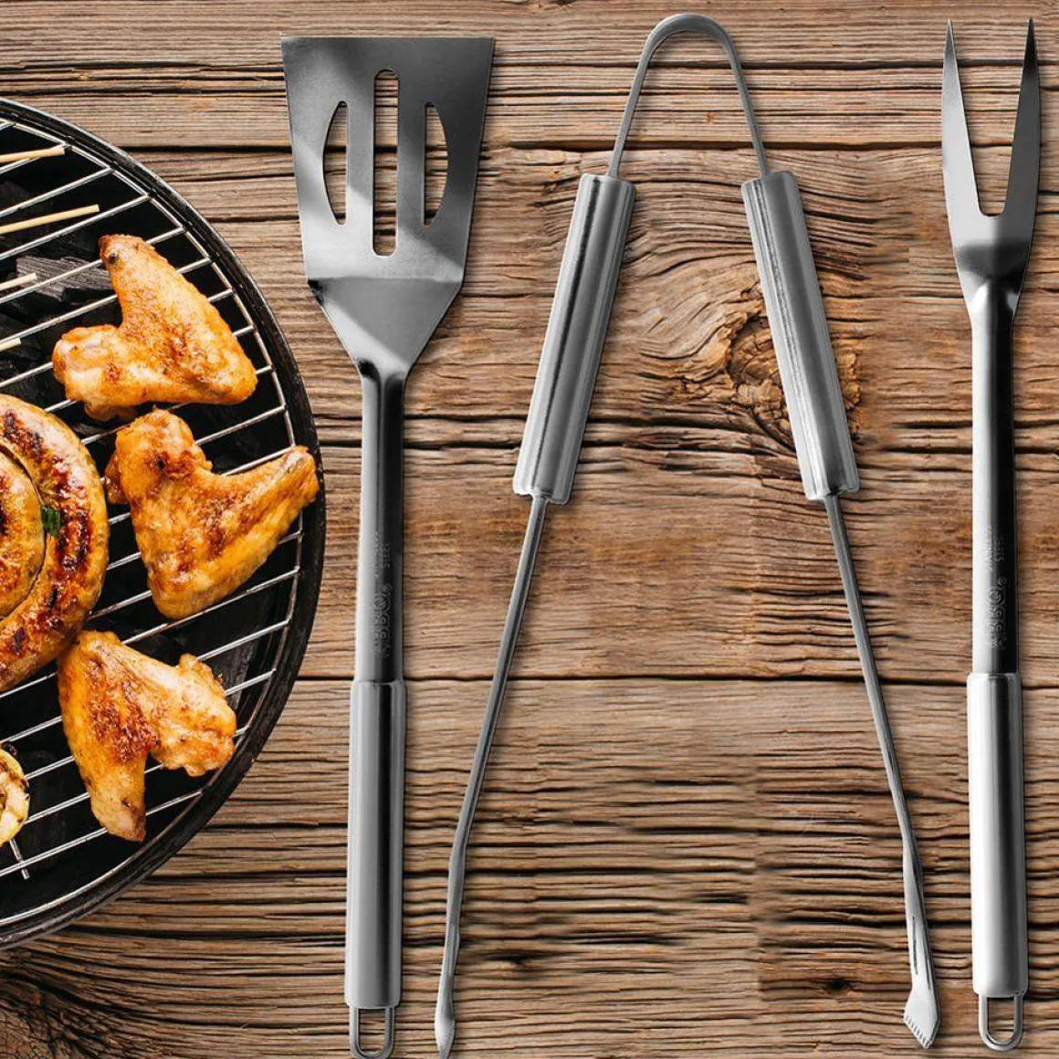ZESTAW STALOWYCH PRZYBORÓW DO GRILLA BBQ